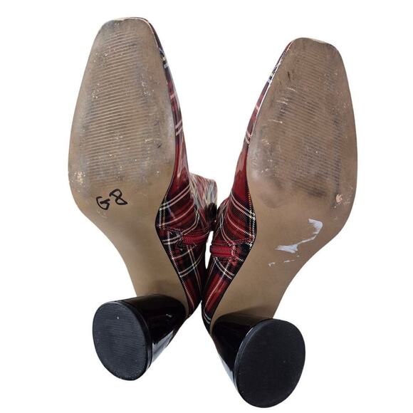 Betsey Johnson Regie Red Tartan Plaid Boots Booties Sz 6.5 Wet Look Chunky Heel - Picture 8 of 10